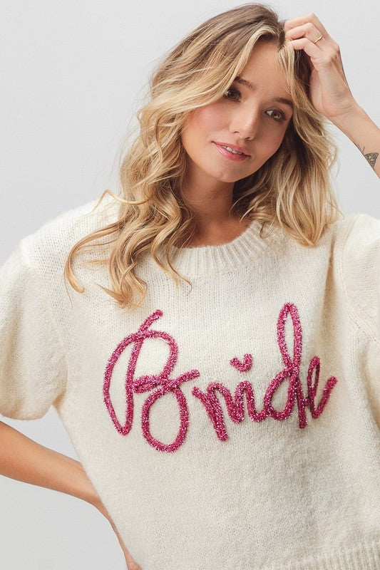 Bride Metallic Letter Short Puff Sleeve Sweater