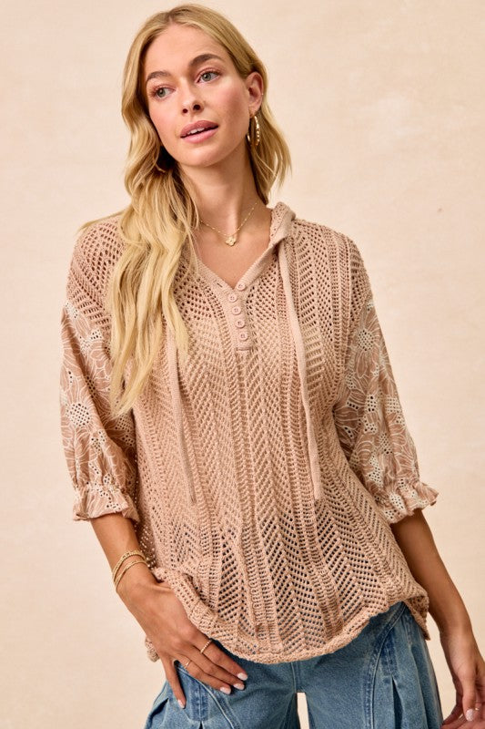 Jacquard Flower Puff Sleeves Sweater Hoodie Top