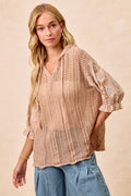 Jacquard Flower Puff Sleeves Sweater Hoodie Top