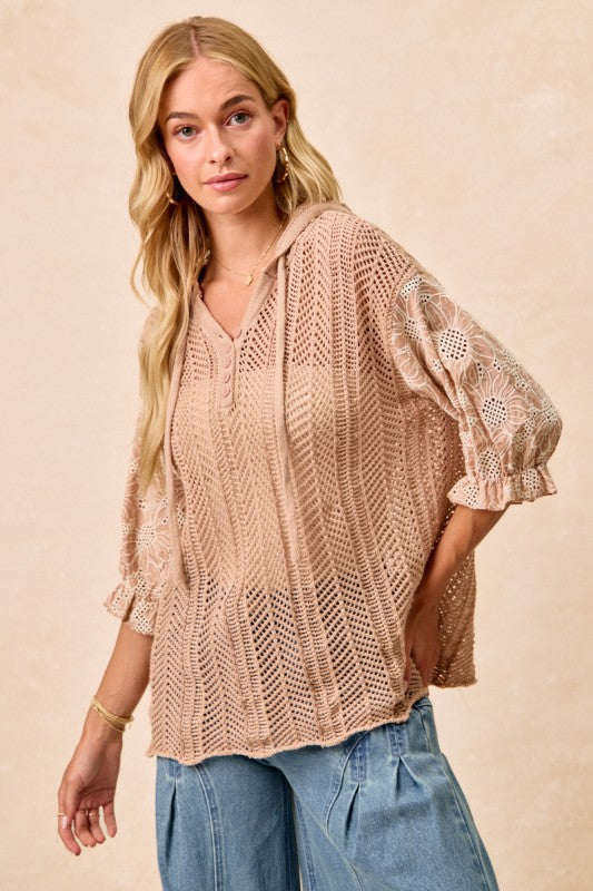 Jacquard Flower Puff Sleeves Sweater Hoodie Top