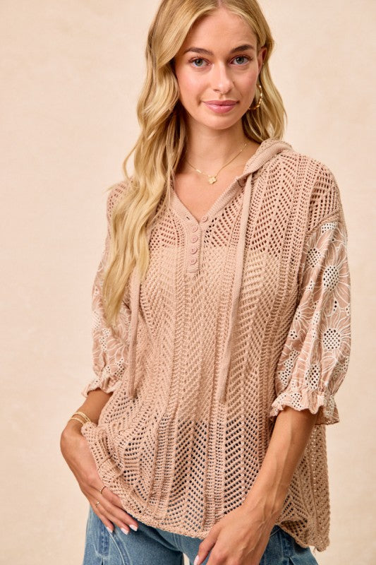 Jacquard Flower Puff Sleeves Sweater Hoodie Top