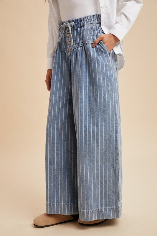 Striped Denim Pin Tuck Detail Wide Leg Pants