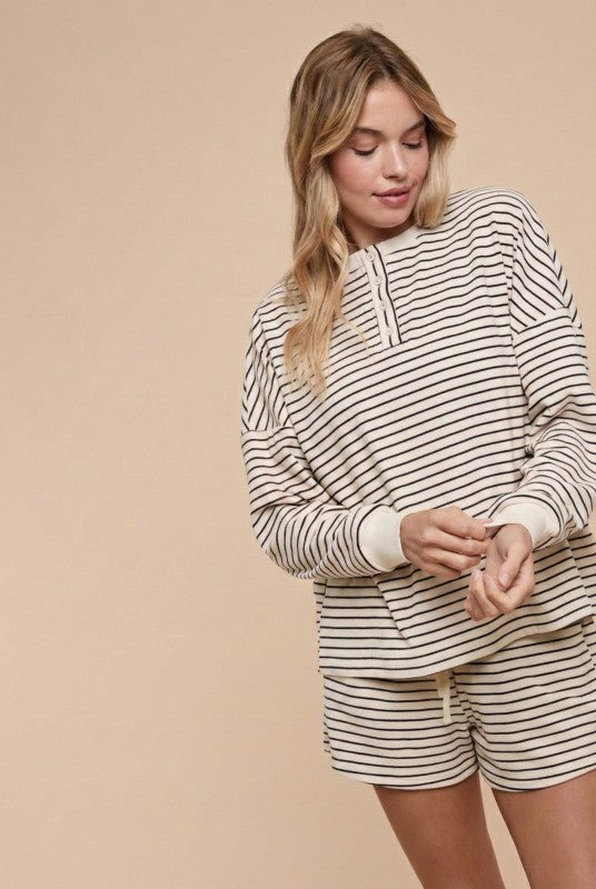 Soft Brushed Pin Stripe Knit Pullover & Shorts