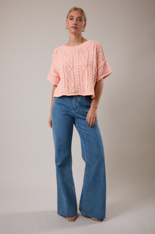 Round Neck Short Sleeve Knit Sweater Top