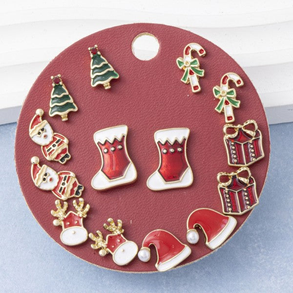 Christmas Stocking Enamel Stud Earrings Set