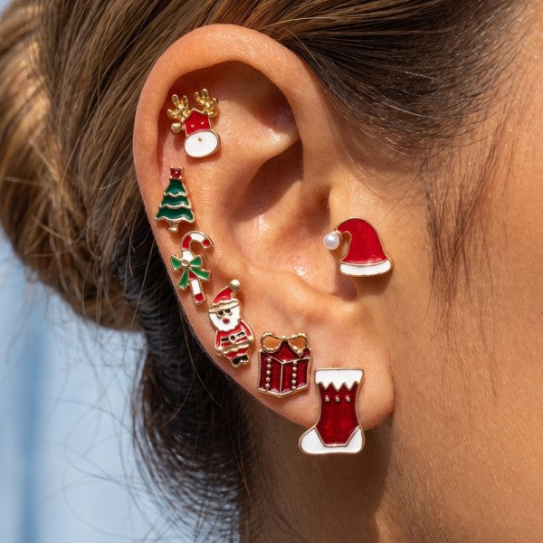 Christmas Stocking Enamel Stud Earrings Set