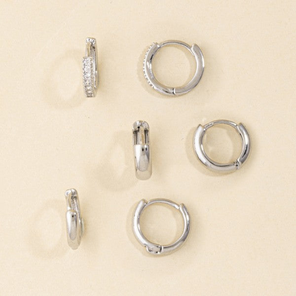 3 Pair Classic Pave And Dome Huggie Hoop Earring Set