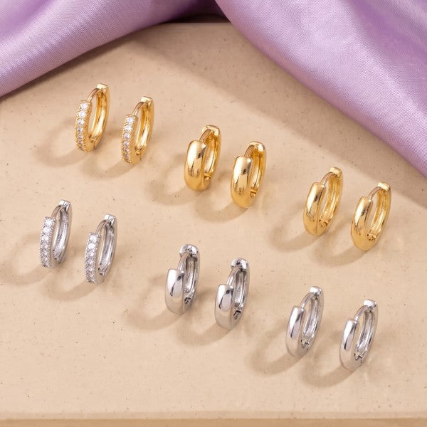 3 Pair Classic Pave And Dome Huggie Hoop Earring Set