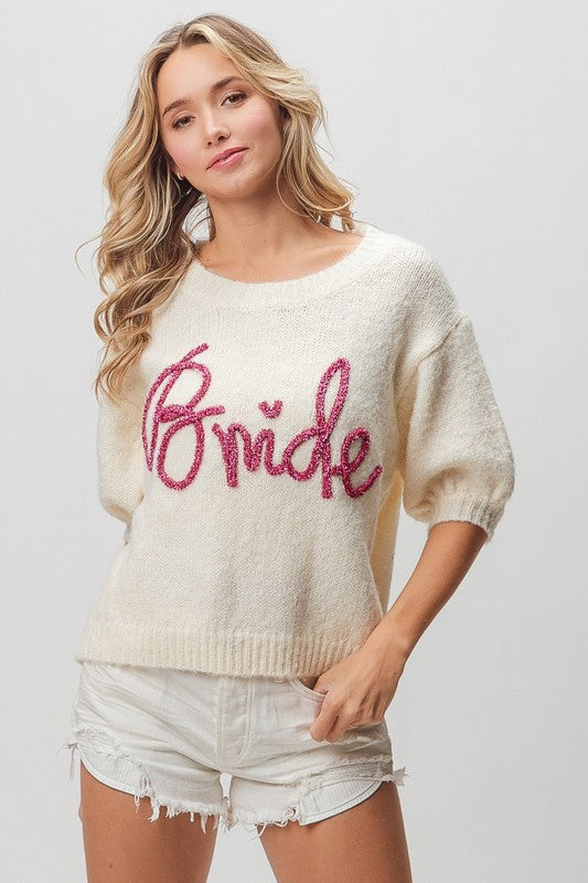Bride Metallic Letter Short Puff Sleeve Sweater