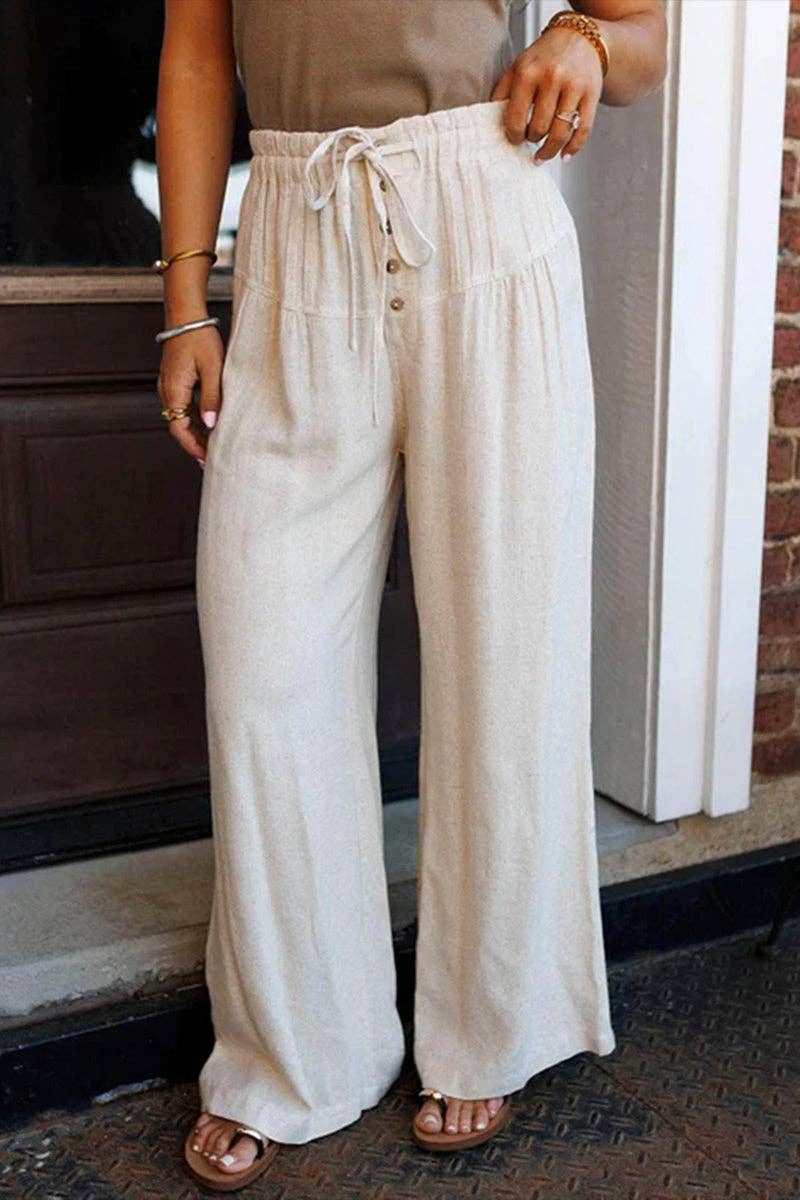 Button Detail Drawstring Wide Leg Pants