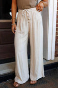 Button Detail Drawstring Wide Leg Pants