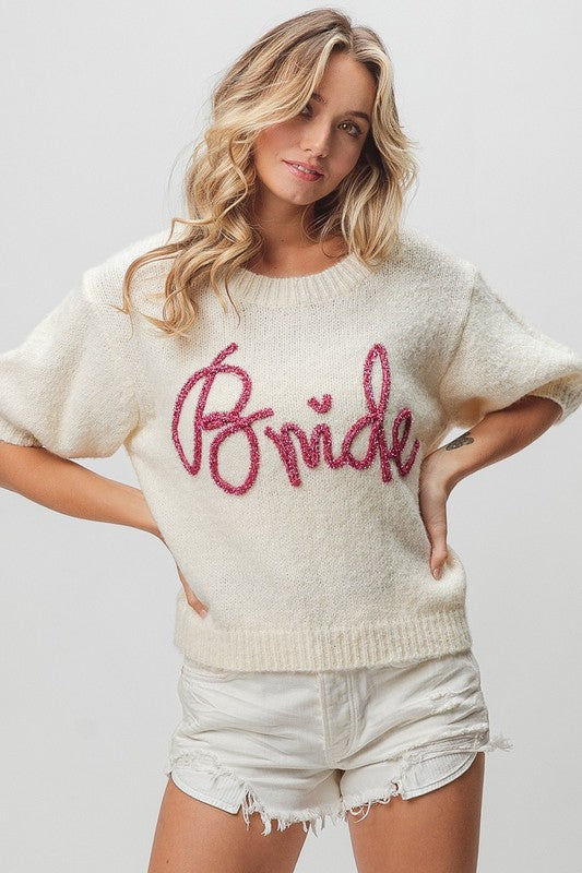 Bride Metallic Letter Short Puff Sleeve Sweater