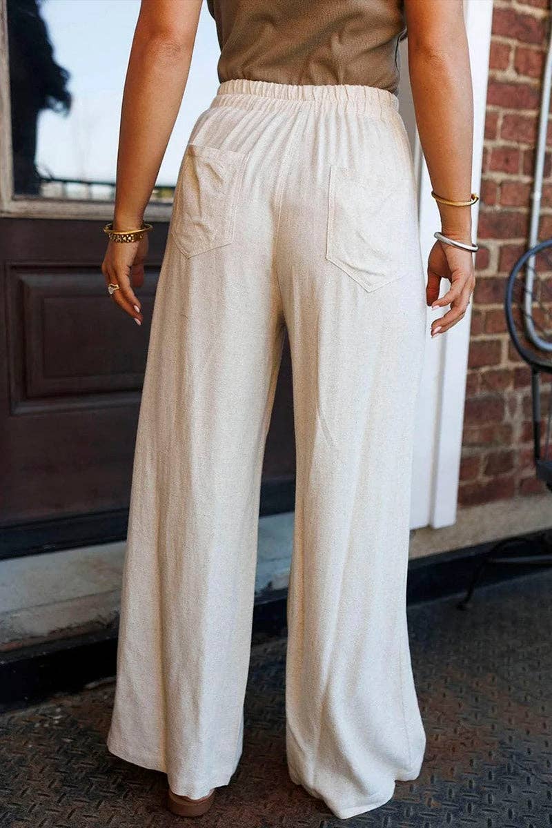 Button Detail Drawstring Wide Leg Pants