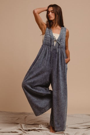 Mineral Washed Pintuck Jumpsuit With Side Pocket