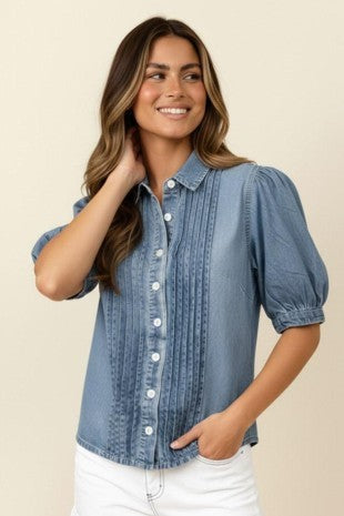 Button Down Pin Tuck Washed Chambray Shirt