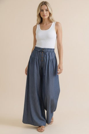 Elastic Waist Wide Leg Chambray Pants