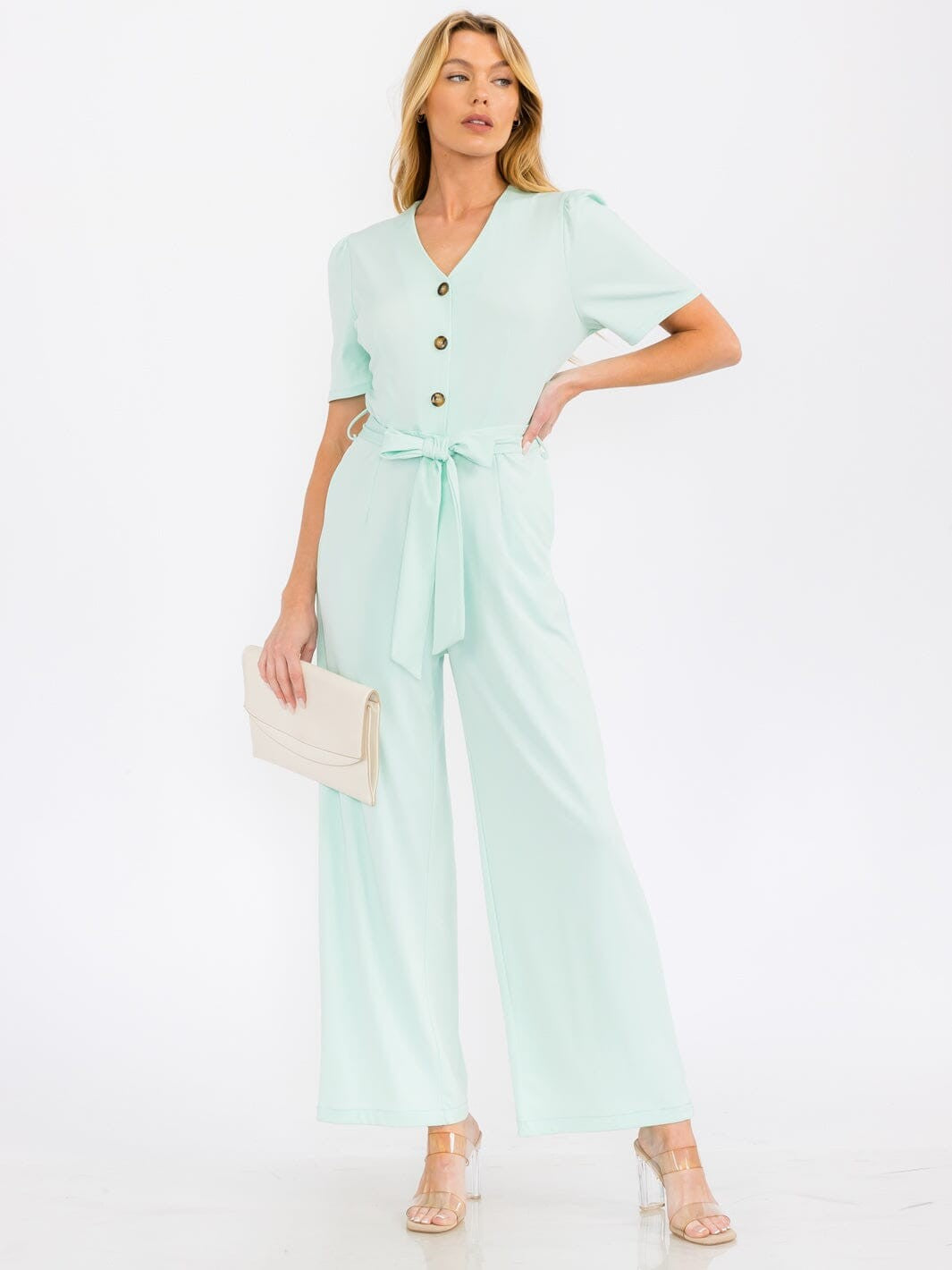 Short Sleeve Button Up Self Tie Front Pockets Wide Leg Jumpsuit