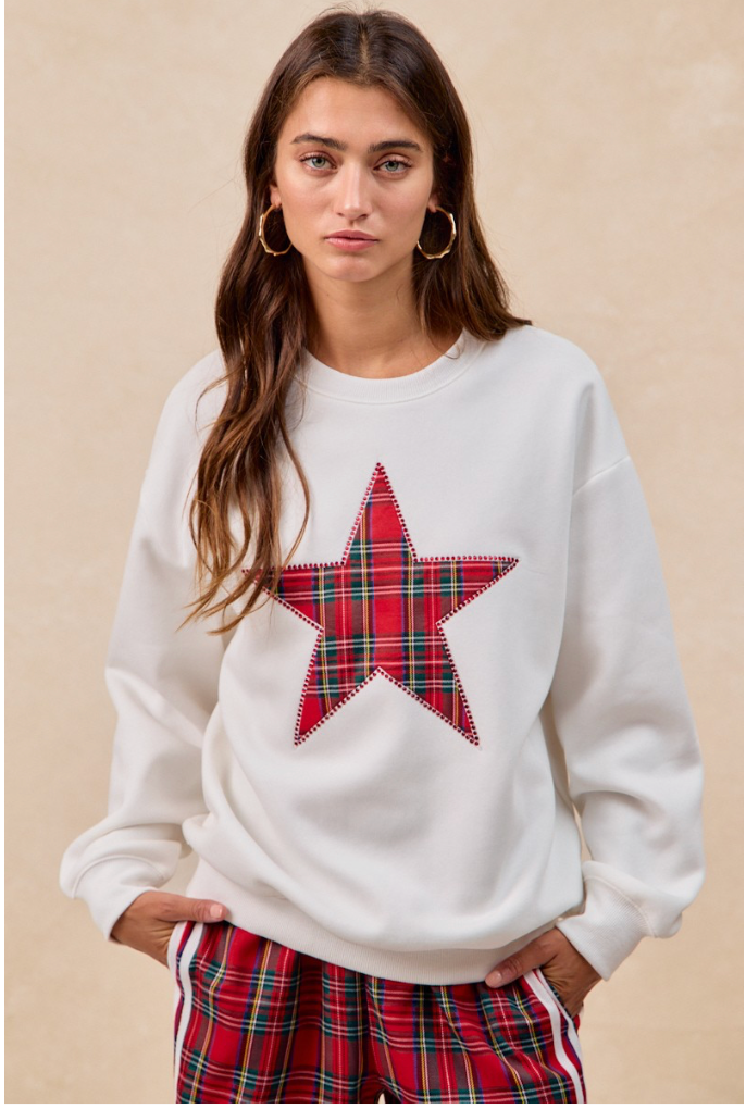 Brushed Terry Christmas Plaid Star Patch Top