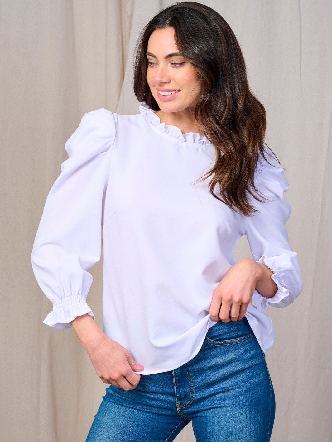 Long Puff Sleeves Ruffle Trim Neck Blouse