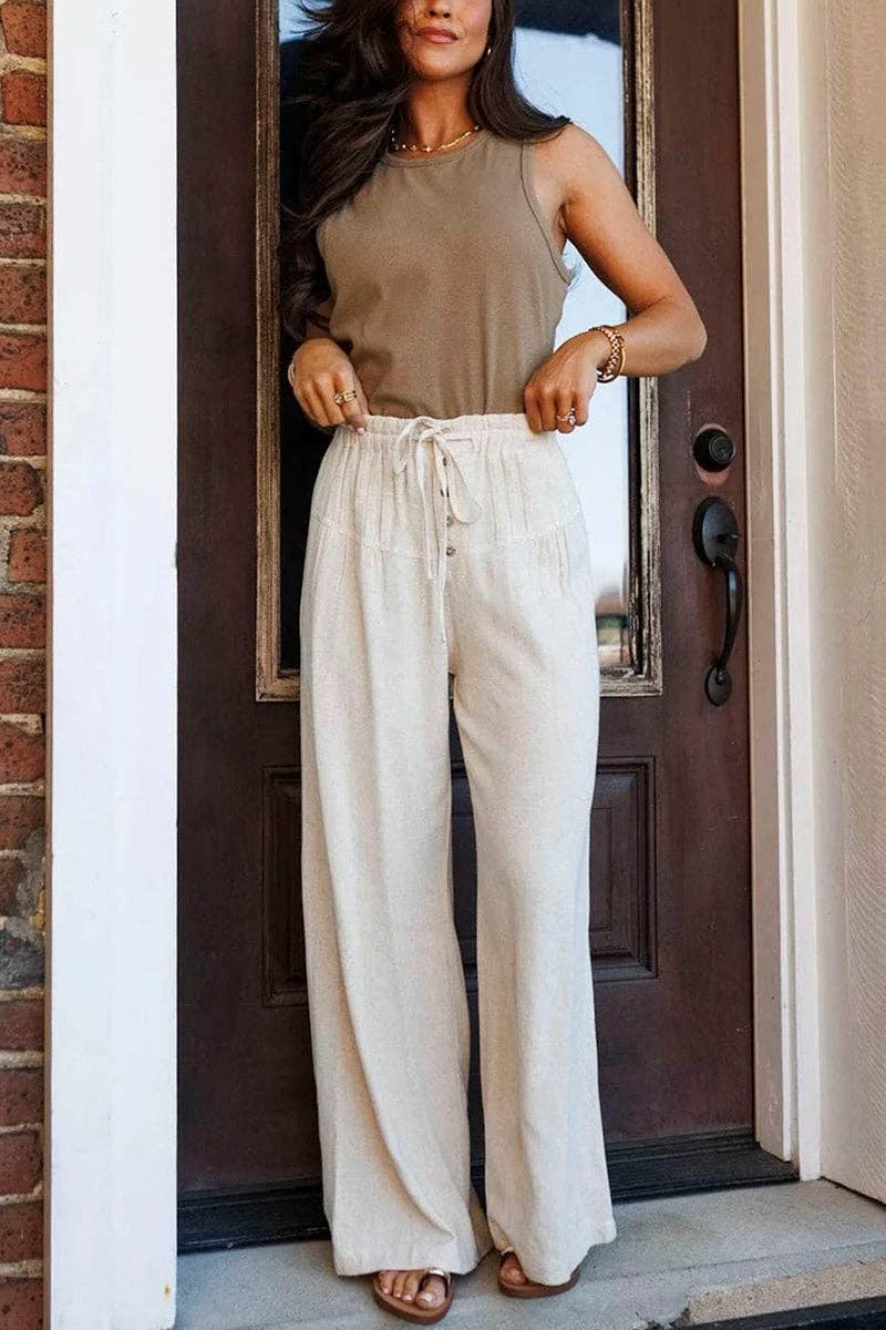 Button Detail Drawstring Wide Leg Pants