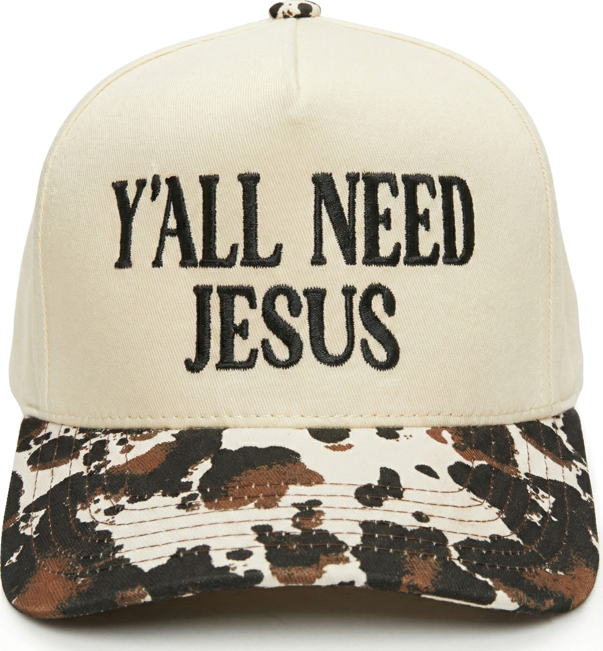 Two Tone Cap - Y'all Need Jesus - Cow Print/Beige