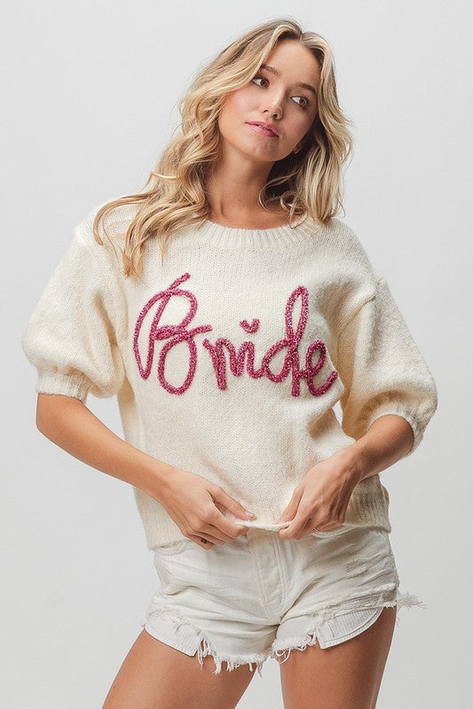 Bride Metallic Letter Short Puff Sleeve Sweater
