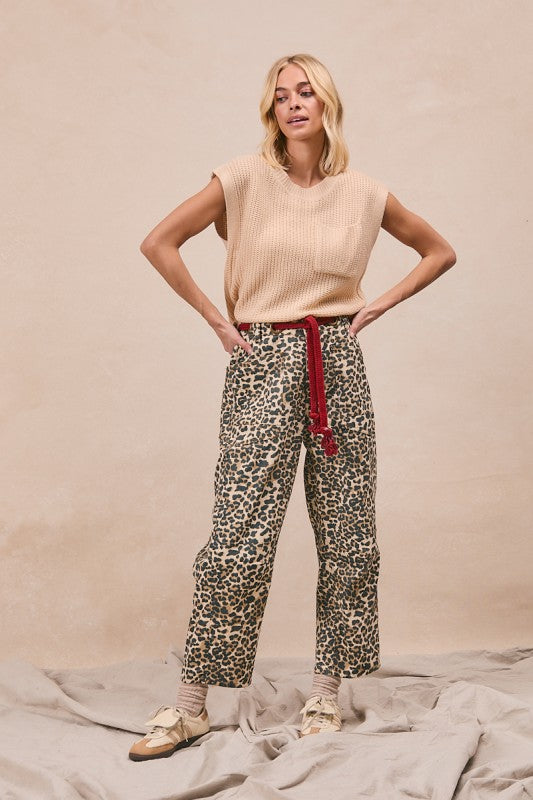 Braided Waist Belt Patch Leopard Print Pants