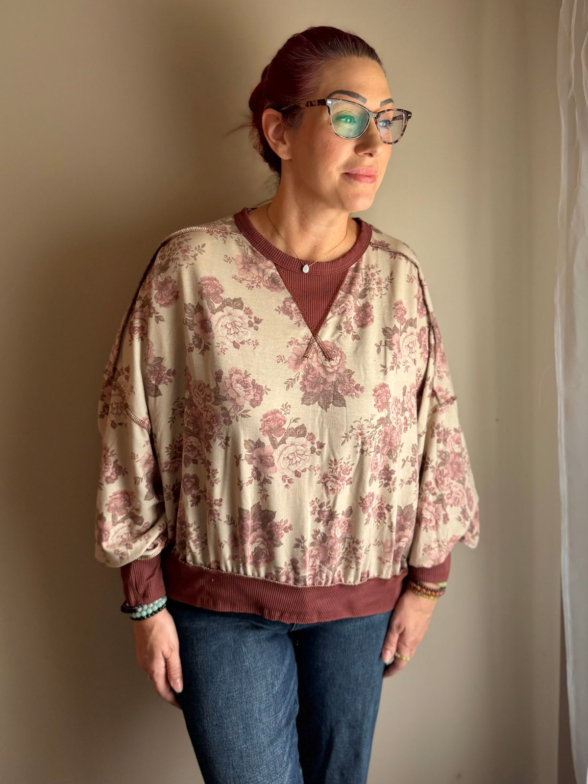 Vintage Floral Oversize French Terry Knit Top